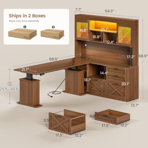 SEDETA 69" L Shaped Standing Desk with 4 Drawers, Storage Bookshelf