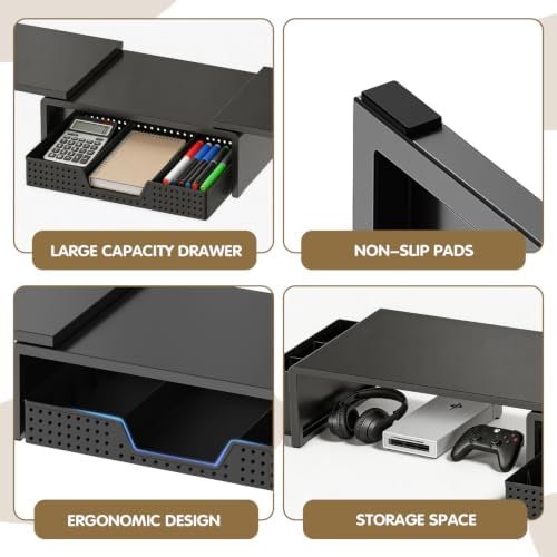 LEKETREE Dual Monitor Stand Riser with Drawer and 2 Pen Holders, Black