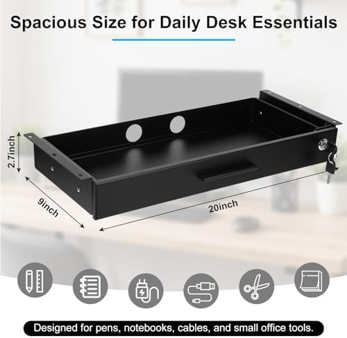 Menkxi 20'' x 9'' Under Desk Drawer Slide Out Storage Organizer, Lockable Metal Desk Drawer for Laptop and Office Accessories, Large Hidden Under Table Storage Box with Cable Management, Black
