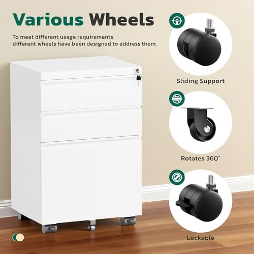 Greenvelly 3 Drawer Mobile File Cabinet with Lock, Fully Assembled Rolling File Cabinet Except Casters, Under Desk File Cabinet with Wheels for Home Office Fit Legal/Letter/A4 File (Assembled, White)