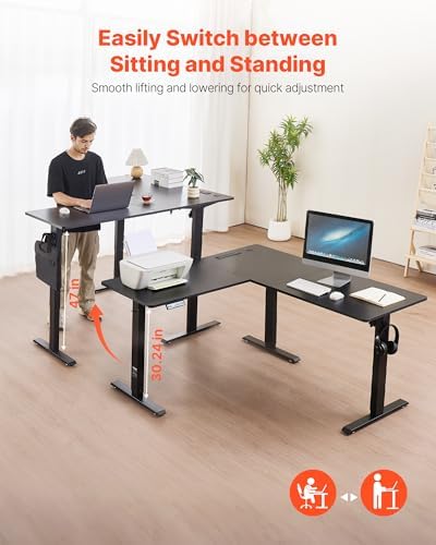 VEVOR L Shaped Standing Desk with Wheels, 63 x 55 inch 3-Level Height Adjustable Electric Corner Standing Desk with Power Outlet, Heavy Duty Carbon Steel Sit Stand Computer Table, Easy to Assemble