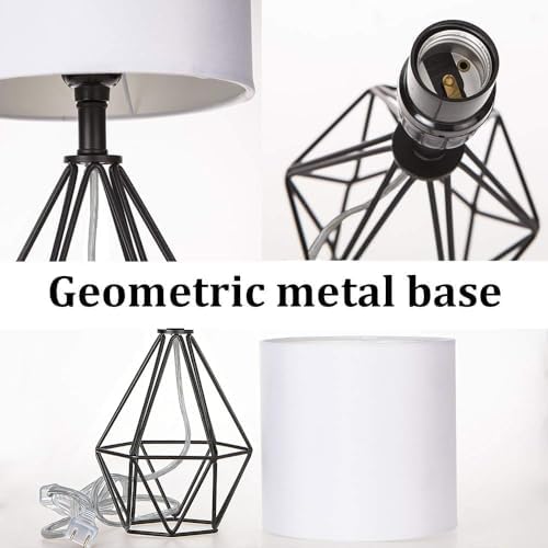 Black Bedside Table Lamps Set of 2, Small Nightstand Lamps for Bedroom, Modern Desk Lamps with TC Fabric Shade Geometric Metal Base for Living Room Study Office Farmhouse