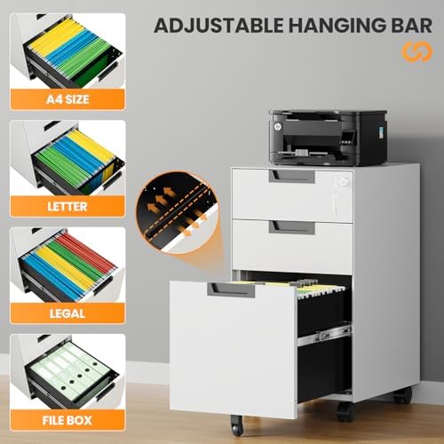 3 Drawer File Cabinet with Lock, Fully Assembled Metal Mobile Filing Cabinets for Home Office, Small Rolling File Caninet on Wheels for Legal/Letter / A4 File, White