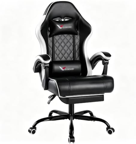 Gaming Chair for Adults, Computer Chair with Footrest and Pocket Spring Cushion,Comfortable Ergonomic Video Game Chair with Lumbar Support and Headrest for Office Home (White)
