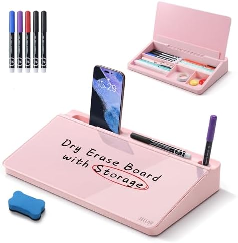 SELEAD Desktop Glass Whiteboard with Storage, 5 Markers and 1 Eraser, Pink