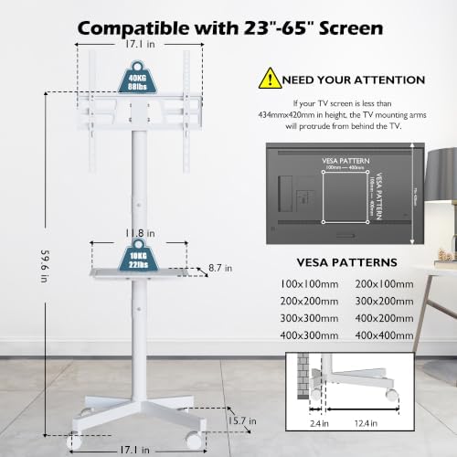 BONTEC Rolling TV Stand with Tilt,Mobile TV Stand Wheels for 23–65 Inch TVs