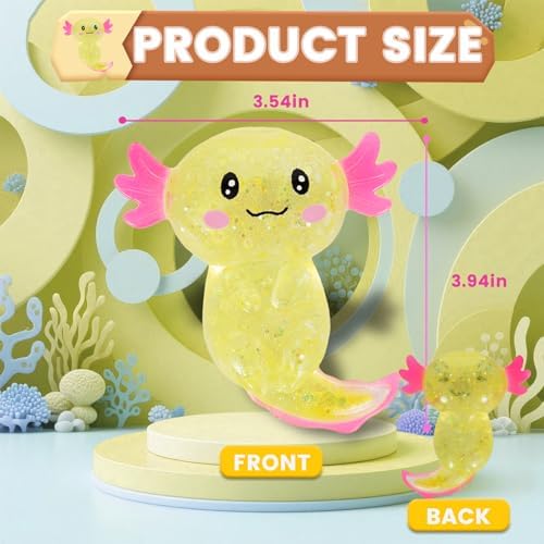 Axolotl Squishy Stress Relief Toy Glitter Fidget Toys Cute Malt Sugar Axolotl Toy Fidget Toys Adults Fidget Toy for Kids Youth Adult, Party Favors Anxiety Relief Squishy Toys(Yellow)