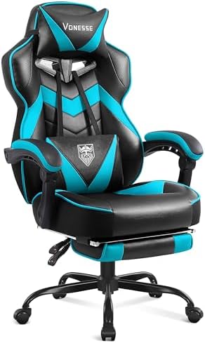 Vonesse Gaming Chair, High Back Gaming Chair with Footrest and Massage, Gaming Chairs for Adults with Pocket Spring Cushion, Big and Tall Reclining Computer Chair with Lumbar Support (Cyan/Black)