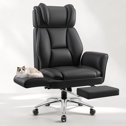 Big and Tall Office Chair, Flip Armrests for Pets & Cross Legged Sitting, Ergonomic Leather Executive Desk Chair with Foot Rest, High-Back Reclining Computer Chairs for Home Office Gaming, Black