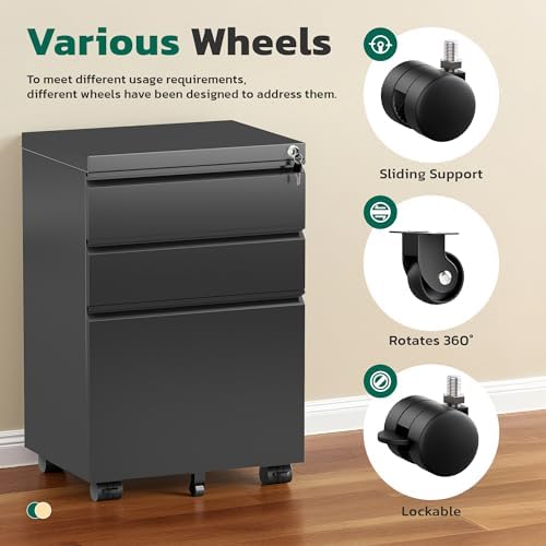 Greenvelly 3 Drawer Mobile File Cabinet with Lock, Metal Filing Cabinet on Wheels, Under Desk File Cabinet for Home Office Organizer Letter/Legal/A4 File (Unassembled, Black)