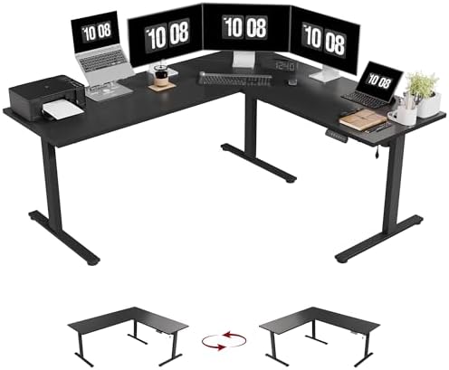 SANODESK L-Shaped Electric Standing Corner Computer Desk, Black&71 x 63
