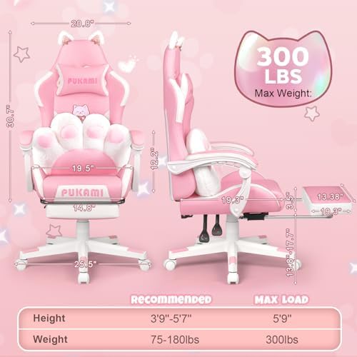 Pink Gaming Chair with Cat Ears & Footrest, Ergonomic Gaming Computer Desk Chair with Cat Paw Lumbar Support & Linked Armrests - Cute PU Leather Game Chair for Girls Adults