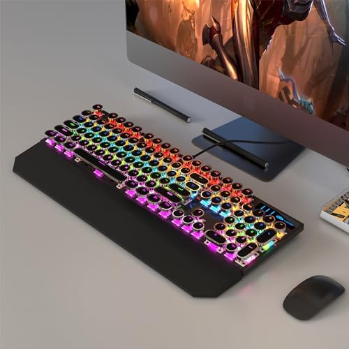 MageGee Typewriter Mechanical Gaming Keyboard, Retro Black Punk Round Keycaps RGB Rainbow Backlit Wired Keyboards for Laptop MAC PC Gamer, with Magnetic Wrist Rest - Blue Switch