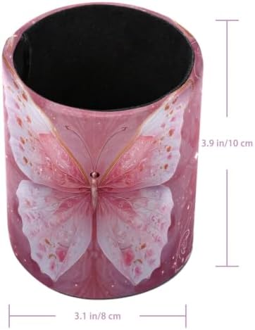 Leather Pen Holder for Desk, Pink Butterfly Pencil Cup Pen Organizer Makeup Brush Holder for Office Home Kids Countertop Desk Accessory Storage
