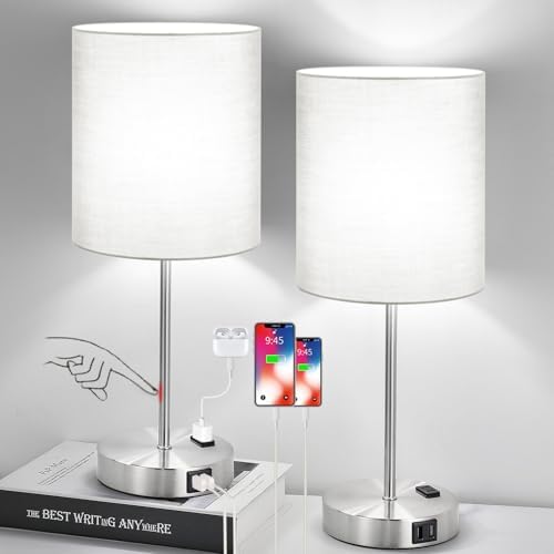 Set of 2 Grey Touch Control Table Lamps with 2 USB Ports & AC Outlet, 3-Way Dimmable Bedside Nightstand Lamps, Desk Lamp for Bedroom Living Room Nursery, 800 Lumens 5000K Daylight Bulbs Included