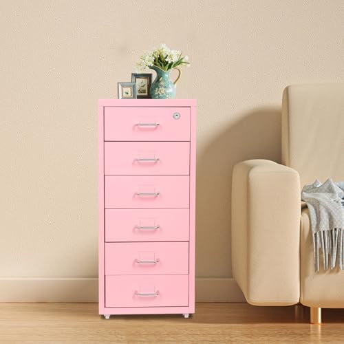 6 Drawer File Cabinet with Lock, Freestanding Filing Metal Drawers Organizer Vertical Metal Rolling Organizer Movable Under Desk Cabinet with Wheels for Home Office Living Room Study (6 Tiers Pink)