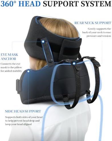 Travel Pillow for Long Flight Airplanes, Head Strap Combo & Eye Mask for Sleep, Airplane Neck Pillow with 360° Support Memory Foam to Prevent Head Bobbing, Road Trip Essentials, EVA Case, Black