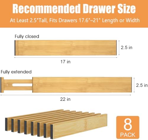 Bamboo Drawer Dividers, Adjustable Drawer Organizers, Fits 17.6–21" Drawers