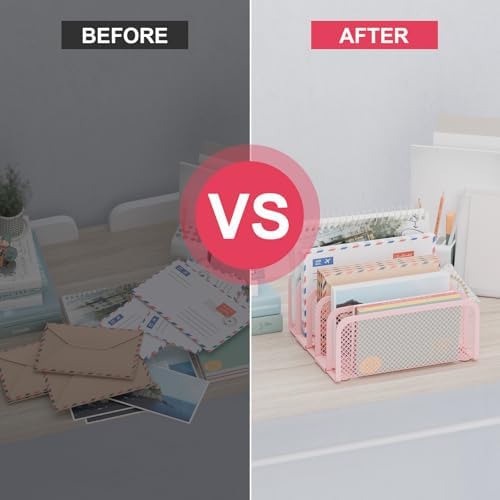 Mail Organizer Countertop, Metal File Holder with 5-Slot, Small Desk File Organizer for Letter, Bill, Mail Sorter, Desktop Letter Folder Holders for Office, Home, School (Pink)