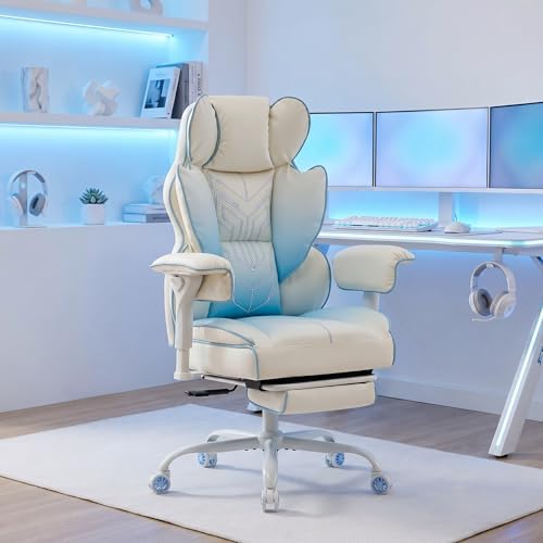 Comfy Office Desk Chair, White‑Blue Aesthetic Chair with Footrest