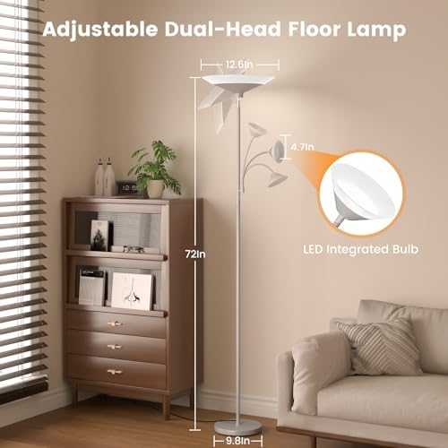 SIBRILLE Sliver Gray Torchiere Floor Lamp with Reading Light, 4 Color Temperatures, Dimmable & Individual Light Control Standing Lamp, 34W Bright Tall Lamp with Remote for Living Room Bedroom Office