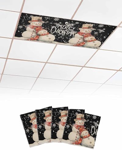 Black Snowman Magnetic Fluorescent Light Covers for Ceiling Lights 2 x 4 Feet,Vintage Christmas Snowflakes Watercolor Office Classroom Kitchen Drop Ceiling Light Covers Filters Shade Panel 4 Packs