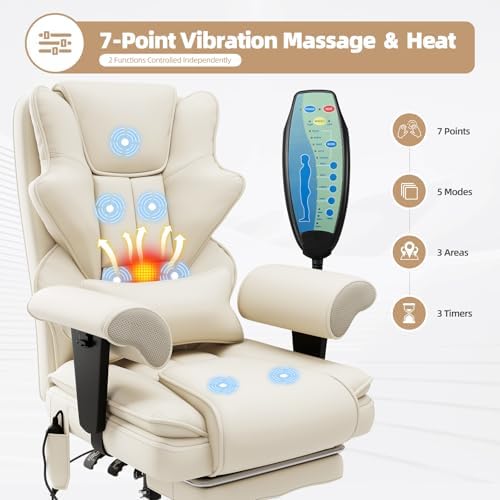 Executive 7-Point Massage Heated Office Chair with Footrest, Beige