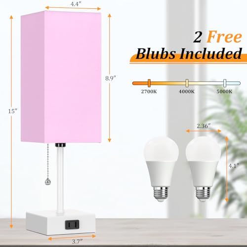 15'' Table Lamp for Bedroom set of 2,3-Color Bedside Lamps with Pull Chain