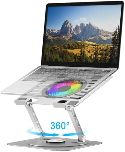 Laptop Stand,with 360°Rotating Base,External Cooling Fan,Adjustable RGB Lighting,Ergonomic Foldable Notebook Computer Holder.Compatible with All 10-17" Laptops Tablets,Silver
