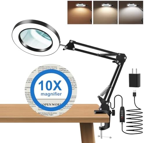 10X Magnifying Glass with Light and Clamp, Real Glass Lens, Adjustable Swing Arm, 3 Color Modes, Stepless Dimming LED Magnifying Lamp for Reading, Crafts, Soldering, Sewing & Close Work