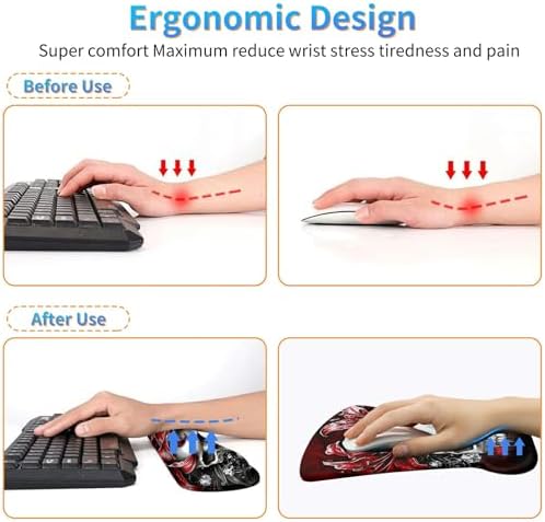 3Pcs Ergonomic Memory Foam Keyboard Wrist Rest Pad Set, Red Flower Skull