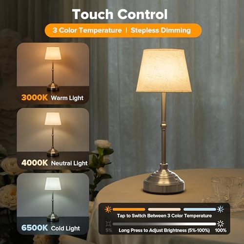 2 Pack Cordless Table Lamp, Rechargeable Desk Lamp with Fabric Shade, Battery Operated 3 Color Stepless Dimming, Small Touch Bedside Lamp Home Decor for Dining, Counter(Brushed Sliver)