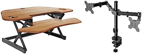 Rocelco 46" Height Adjustable Corner Standing Desk Converter with Dual Monitor Arm BUNDLE - Quick Sit Stand Up Computer Workstation Riser - Extra Large Keyboard Tray - Teak Wood Grain (R CADRT-46-DM2)