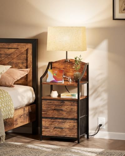 Evermagin 45" Tall Nightstand with Charging Station & Light, Rustic Brown