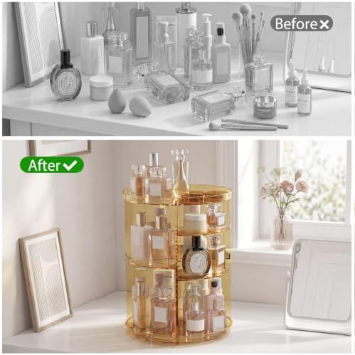 Rotating Makeup Organizer, DIY 8 Adjustable Layers Spinning Skincare Storage, Cosmetic Display Case with Brush Holder and Perfume Tray, Multi-Function Vanity Bathroom Countertop Organizer Clear Gold