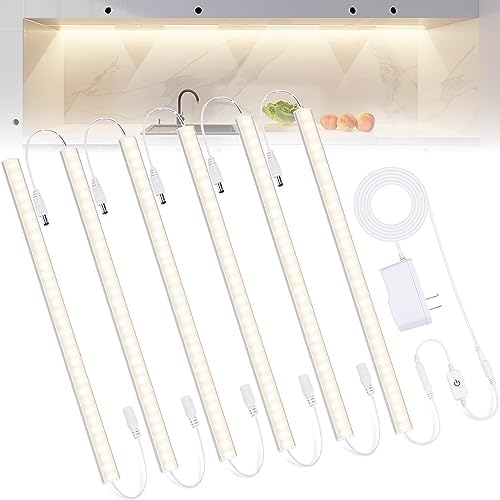 6PCS x 12 inch Under Cabinet LED Lights 4500K, Dimmable Under Counter Lights for Kitchen, Led Under Cabinet Lighting, Plug-in Under Cabinet Lights with Memory Function, Daylight White
