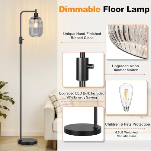 【Upgraded】 Dimmable Floor Lamp for Living Room with Gray Ribbed Glass Lampshade, Black Modern Floor Lamp with 900LM LED Bulb Included, Arc Standing Tall Lamp for Bedroom, Office, Reading Room, Corner