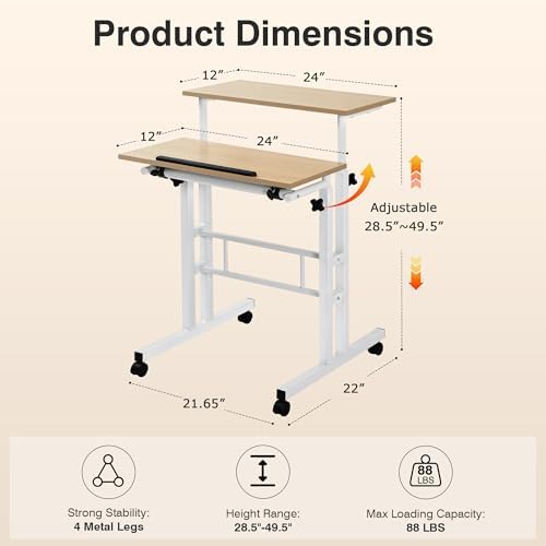 VECELO Small Mobile Standing Desk 24 Inch, Adjustable Height Portable Stand Up Desk with Wheels Computer Workstations, Rolling Laptop Cart, Oak