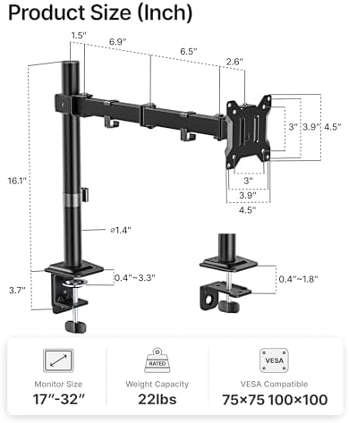 monTEK Extra-Long Monitor Arm for 17-32" Screens, 22 lbs