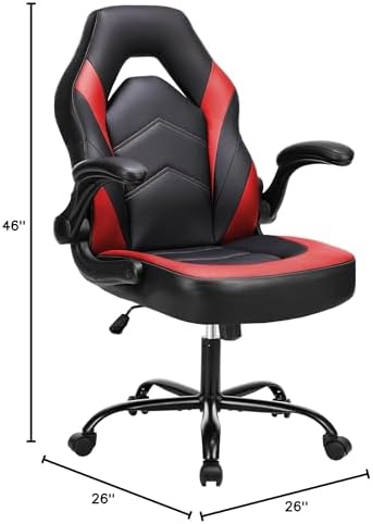 NEWBULIG Gaming Office Chair, Ergonomic High-Back with Flip-Up Armrests, Adjustable Height, Lumbar Support, PU Leather Comfort Seat & 360° Silent Swivel Wheels, for Home/Office, Red