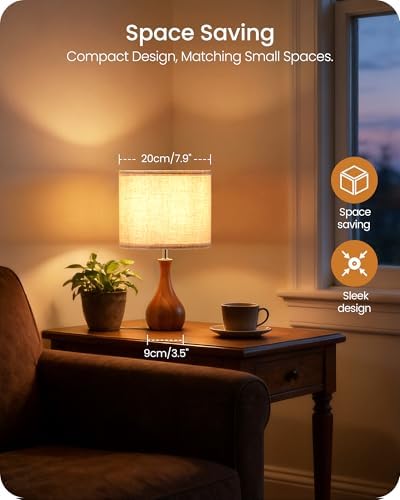 Small Table Lamp, 14.2" Wood Bedside Lamp, Little Cute Desk Lamp with Dark Wood Bottle-Shaped Base & Beige Linen Lampshade, Nightstand Lamp for Bedroom, Small Space, E26 Socket, LE09TL05
