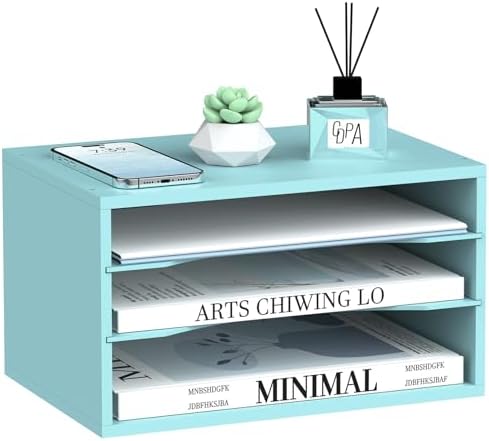 3 Tier Wood Desk Organizer, Mail Sorter and Paper Organizer for Desk, Blue