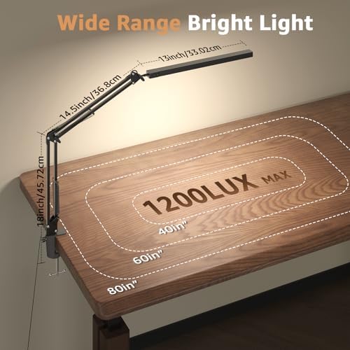 Upgrade Swing Arm LED Desk Lamp with Clamp, 80 LED Beads, 5 Color Modes & 11 Brightness Levels, 360° Adjustable Arm, Eye-Caring Light CRI95, Timer & Memory Function, for Office, Study, Crafting