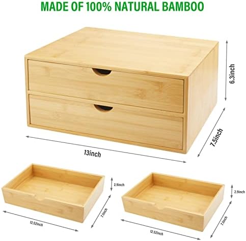 Charmewooden Bamboo Desk Organizer with Drawers, Countertop Organizer with Drawers Makeup Storage Drawer 2 Drawers Tabletop Storage Organization Box Home Office Workspace Bathroom Toiletries Supplies