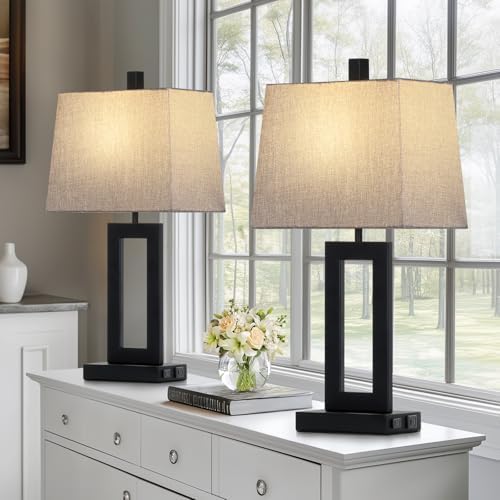 Cinkeda Bedside Table Lamp Set of 2,Nightstand Touch Lamps with USB Port