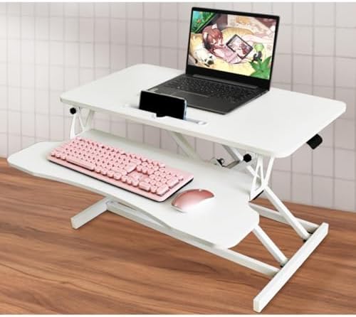 32" Height Adjustable Standing Desk Sit To Stand Converter with Wide Keyboard Tray for Home Office, Stand Up Desk Dual Monitor Riser Workstation with Spacious Tabletop for Laptops/Small Space (White)