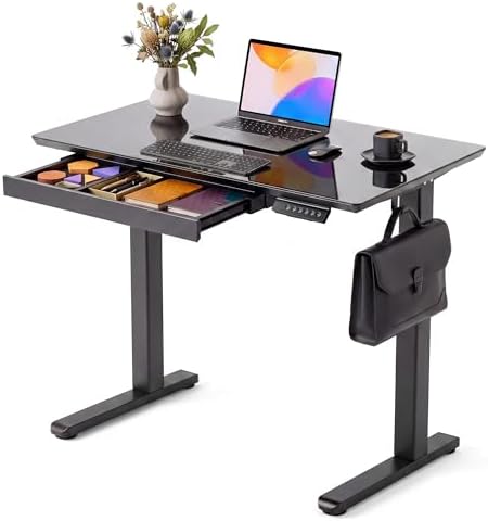INNOVAR Glass Standing Desk with Drawers 35 x 20 Inch Black