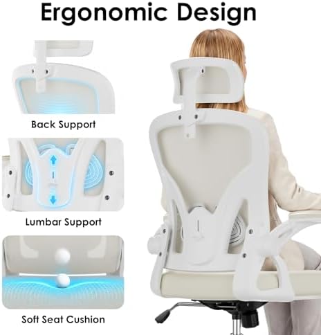 Farini Ergonomic Office Chairs with Headrest, Set of 4, White & Beige