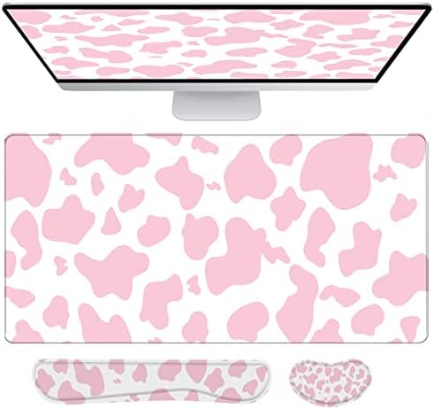 3Pcs Large Gaming Mouse Pad Desk Mat,Keyboard Mouse Wrist Rest Support Set,Extended Laptop Mouse Pad Memory Foam Non-Slip Base for Gamer Home Office(31.5x15.7in)-Pink Cow Pattern
