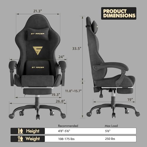 Soontrans Black Velvet Gaming Chair with Footrest, Ergonomic Reclining Computer Desk Chair, Massage Lumbar Cushion & Headrest, Comfortable Video Game Chair for Adults